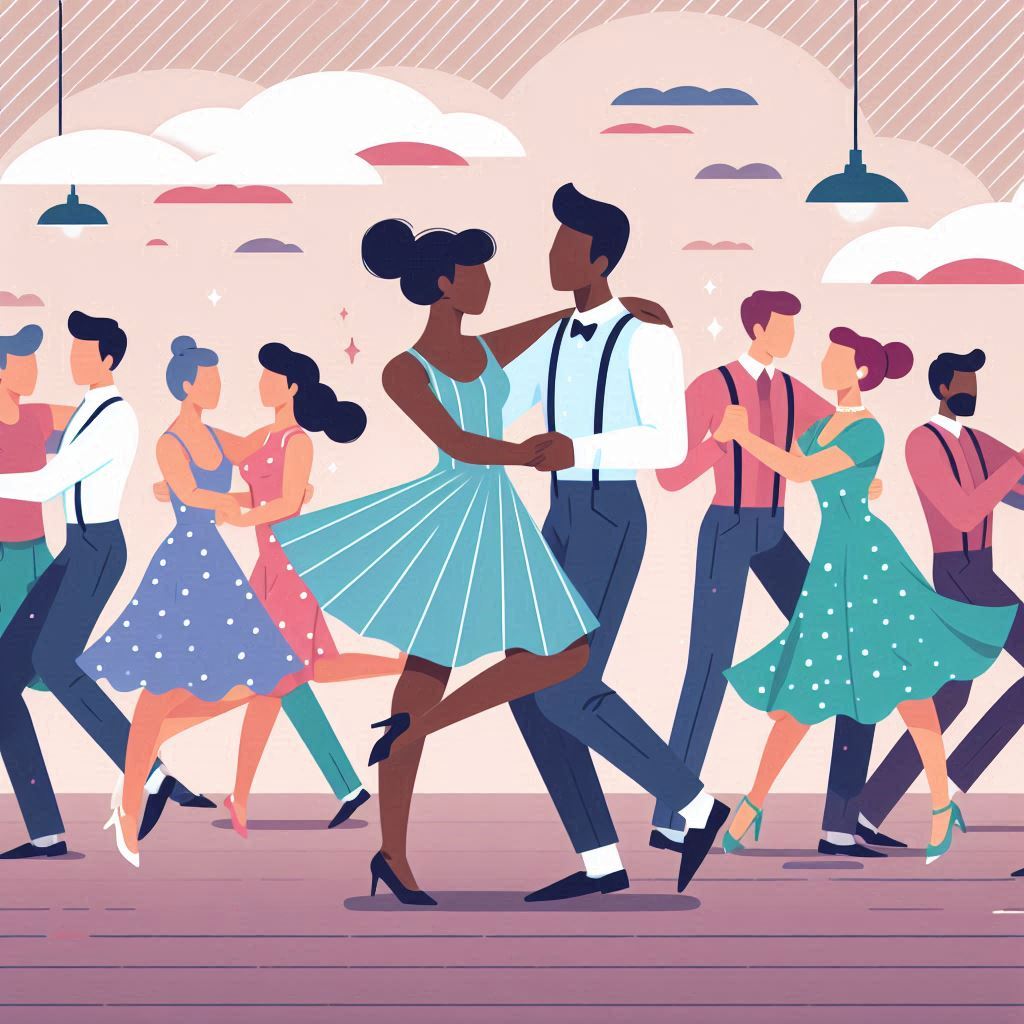 Flat-style illustration of diverse couples dancing the Lindy Hop in a social dance setting. The image features people of different ethnicities, vintage clothing, and joyful expressions in a warm, welcoming atmosphere.