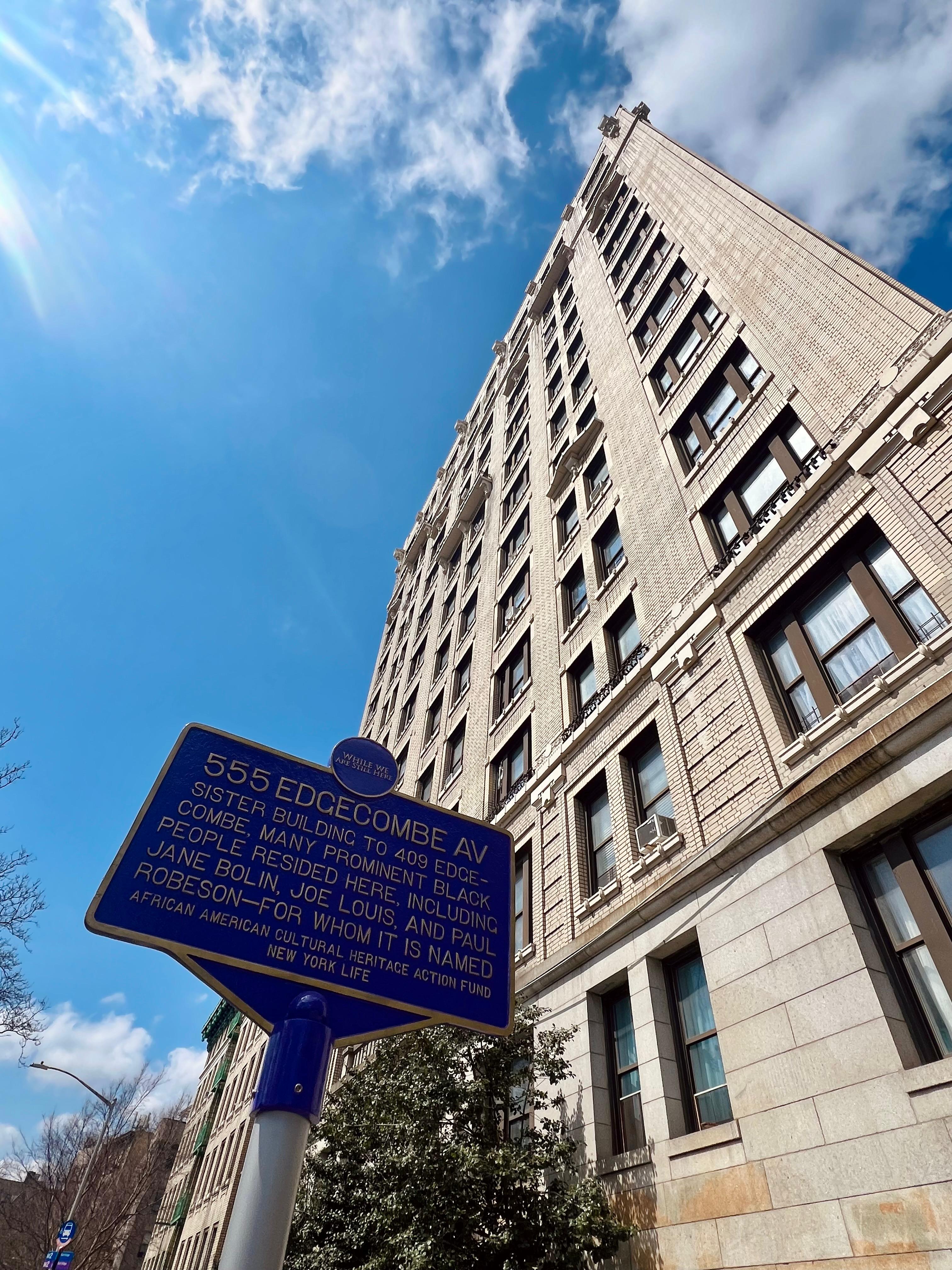 555 Edgecombe Avenue stands in Harlem's Sugar Hill neighbourhood, a centre of Black cultural and professional achievement during the Harlem Renaissance and Swing Era. The building housed notable residents including Paul Robeson, Joe Louis, and Jane Bolin, and formed part of the community that nurtured the musicians, dancers, and artists who shaped Harlem's jazz and swing culture.